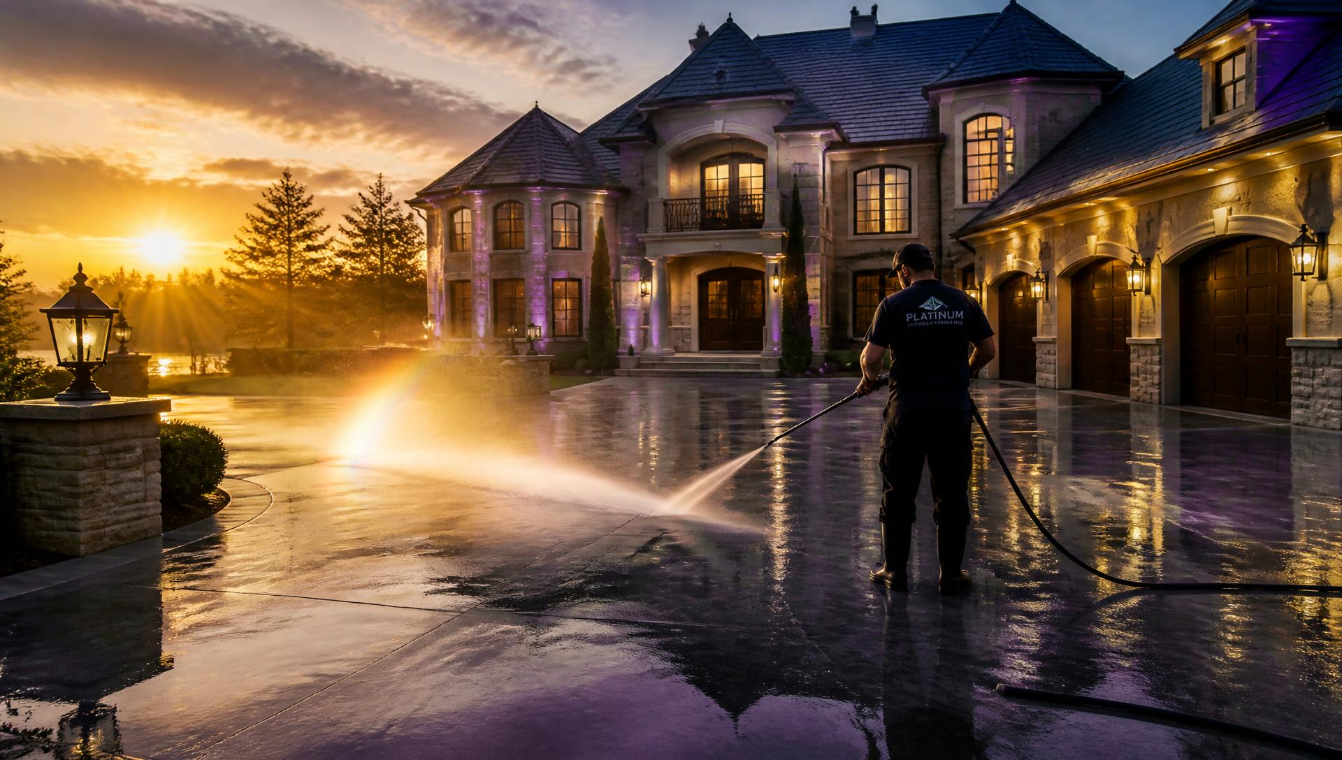 Luxury driveway being pressure washed at sunset